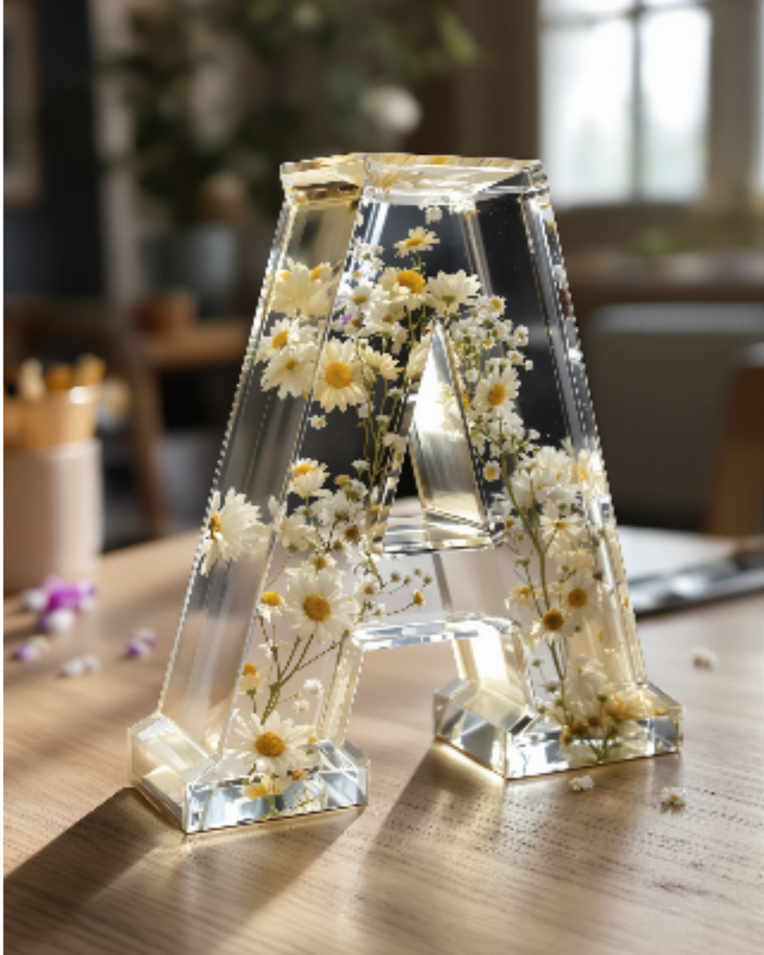 Lettre A en résine avec fleurs préservées